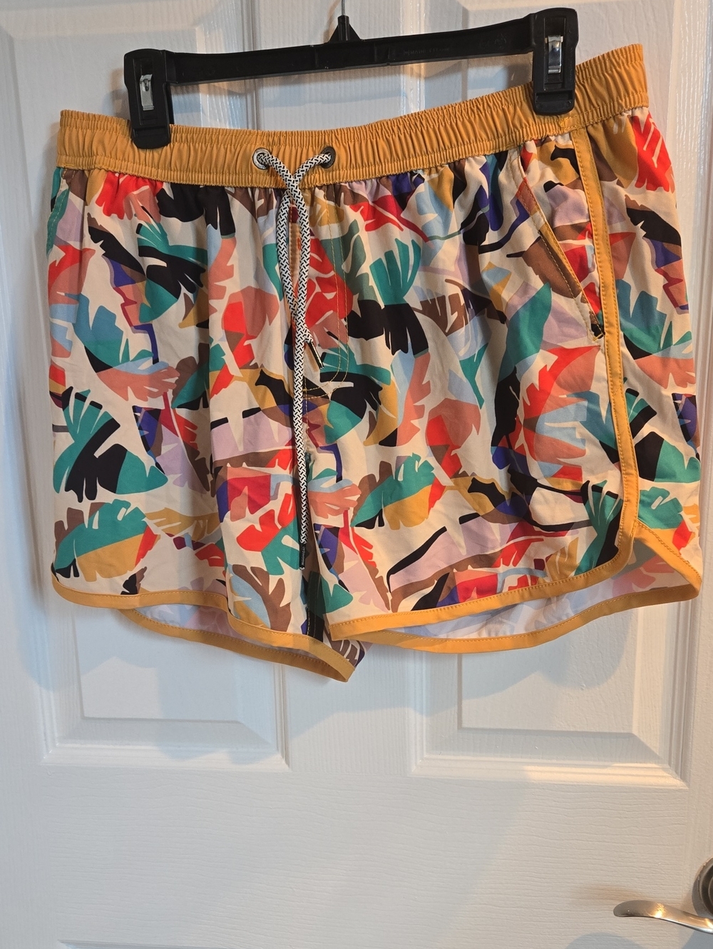Men's Multi-Color Tropical Print Athletic Swim Shorts with Mustard Trim